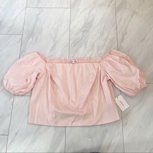 Good American Blush Pink Off Shoulder Puff Sleeve Crop Top